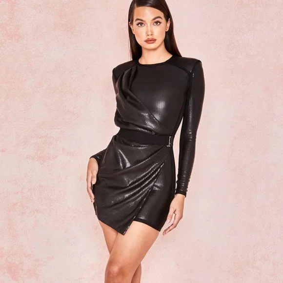 HOUSE OF CB Viktoria black matte sequin draped mini bodycon dress - Picture 15 of 16
